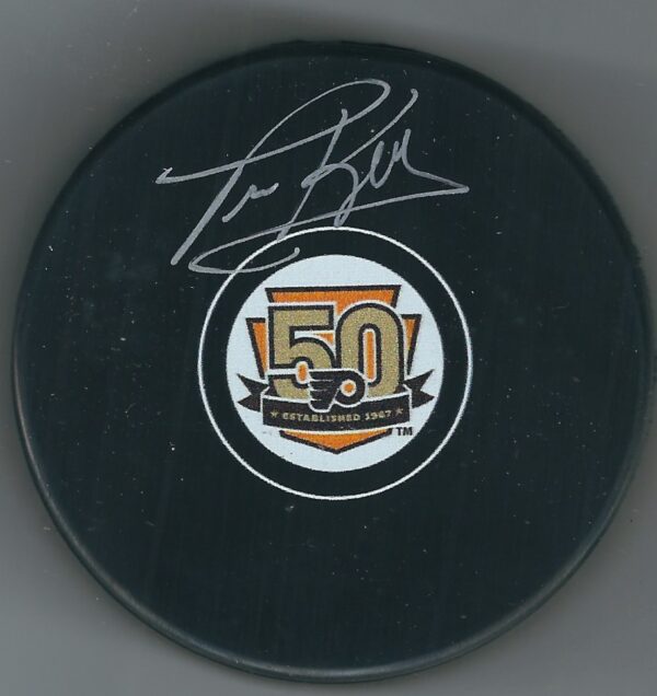 Autographed TIM KERR Philadelphia Flyers 50th Anniversary Hockey Puck