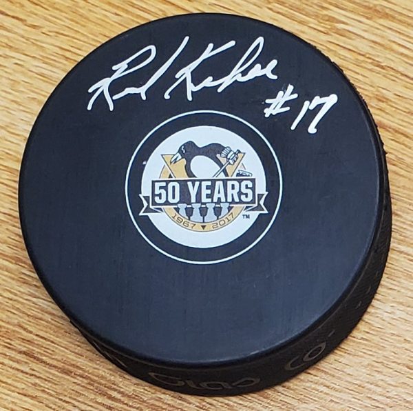 Autographed RICK KEHOE Pittsburgh Penguins 50th Anniversary Hockey Puck