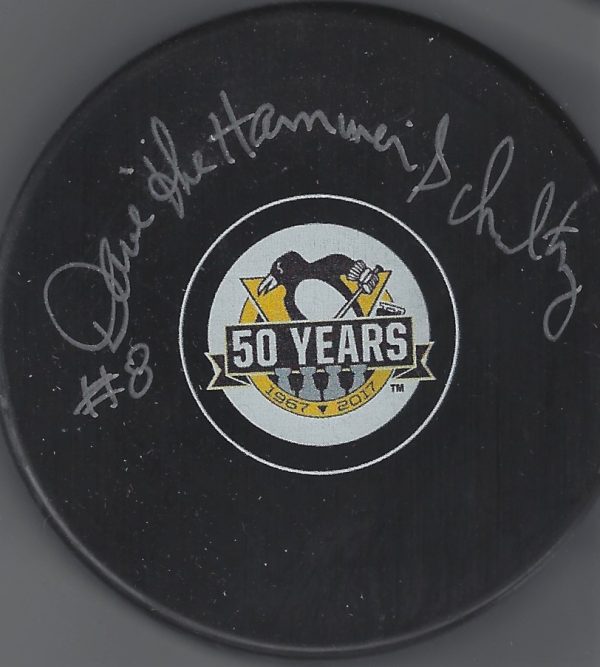 Autographed DAVE SCHULTZ Pittsburgh Penguins 50th Anniversary Hockey Puck