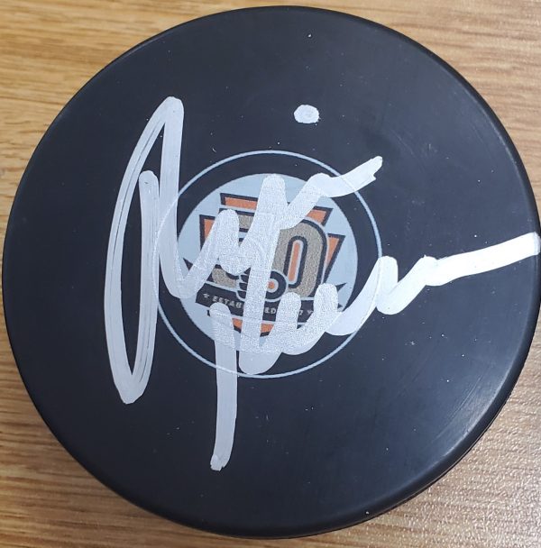 Autographed MIKE KEENAN Philadelphia Flyers 50th Anniversary Hockey Puck