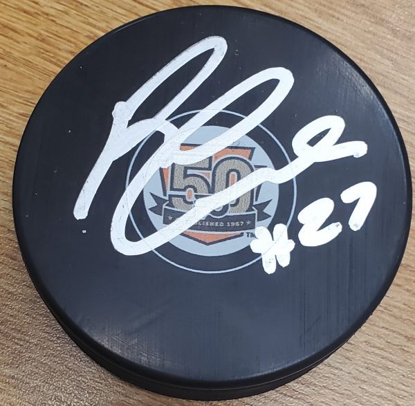 Autographed REGGIE LEACH Philadelphia Flyers 50th Anniversary Hockey Puck