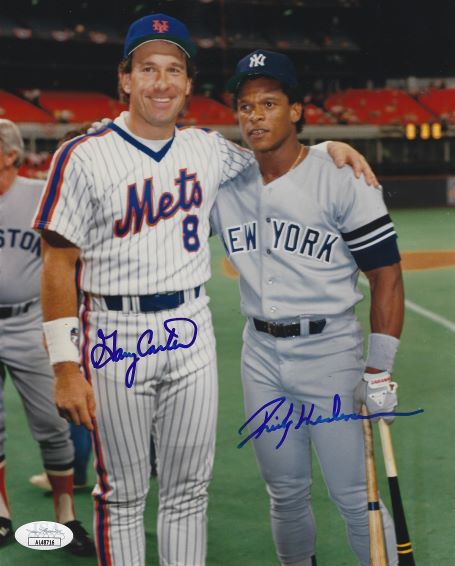 Autographed GARY CARTER New York Mets and RICKEY HENDERSON New York Yankees  8x10 photo JSA - Main Line Autographs