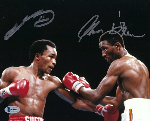 Autographed Sugar Ray Leonard & Thomas "Hit Man" Hearns Boxing 8x10 photo Beckett COA