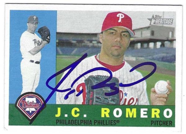 Autographed J.C. ROMERO Philadelphia Phillies 2009 Topps Heritage Card